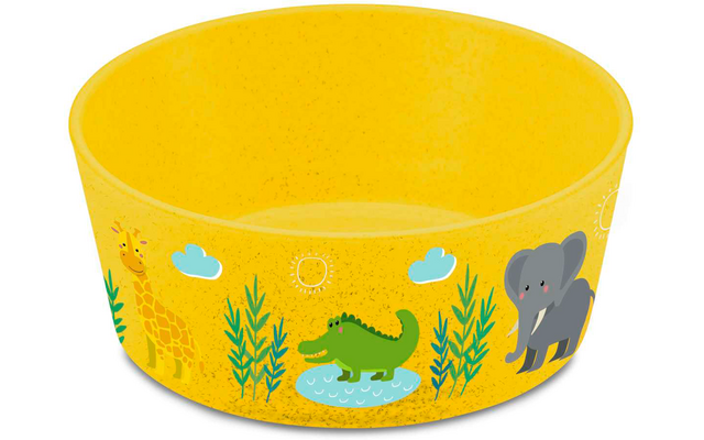 Gele kom met een krokodil, een olifant en plantenmotieven