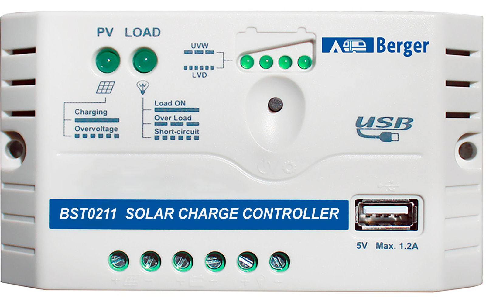 Weißer Solar-Laderegler mit mehreren Anschlüssen und LED-Anzeigen auf weißem Hintergrund