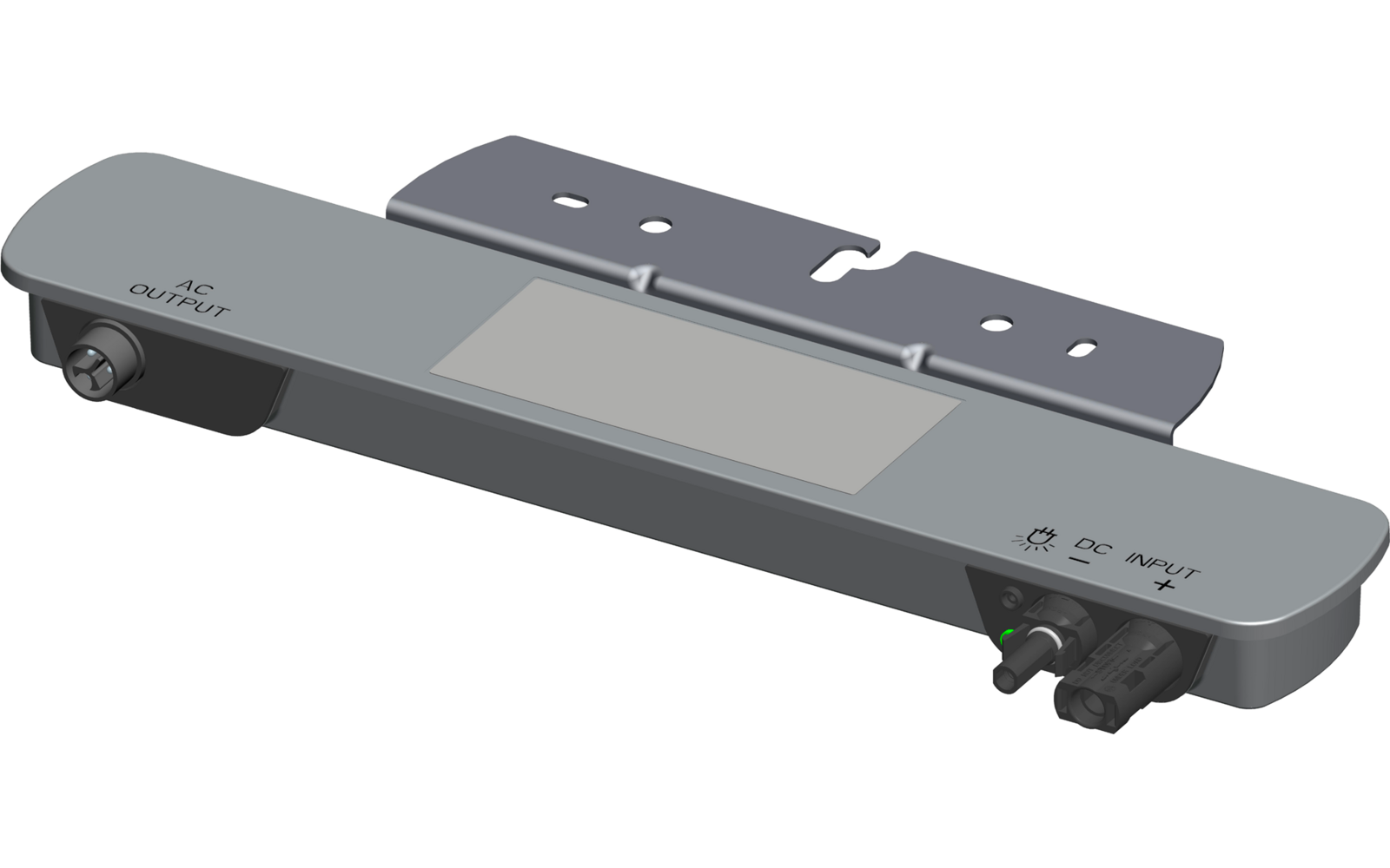 Ein graues elektronisches Gerät mit einem Display und mehreren Anschlüssen auf einer weißen Fläche