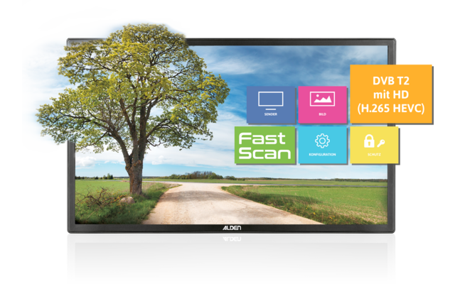 Ein großer Baum links neben einer Straße mit blauer, orangener und grüner Infobox rechts im Bild