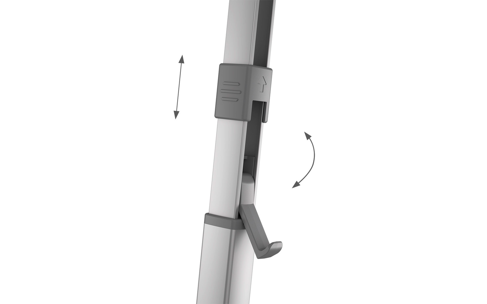 Nahaufnahme eines verstellbaren Hakens an einem Stab mit Pfeilen, die die Richtungen der Verstellung zeigen