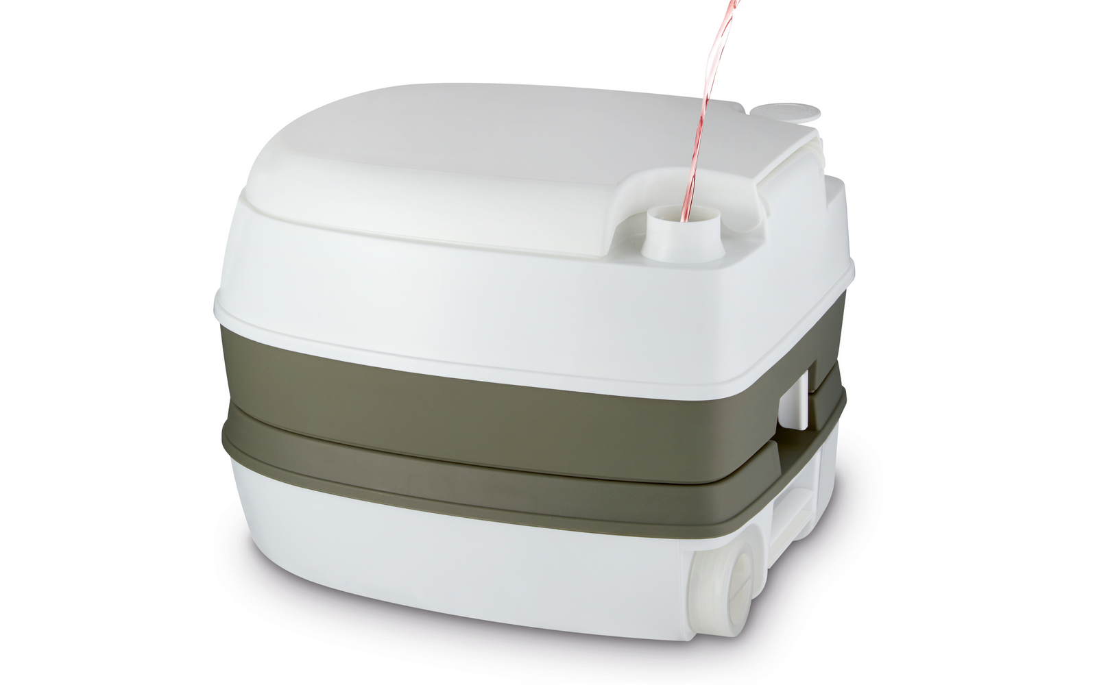 Conteneur d'eau de camping portable blanc avec bande grise et tuyau sur le dessus