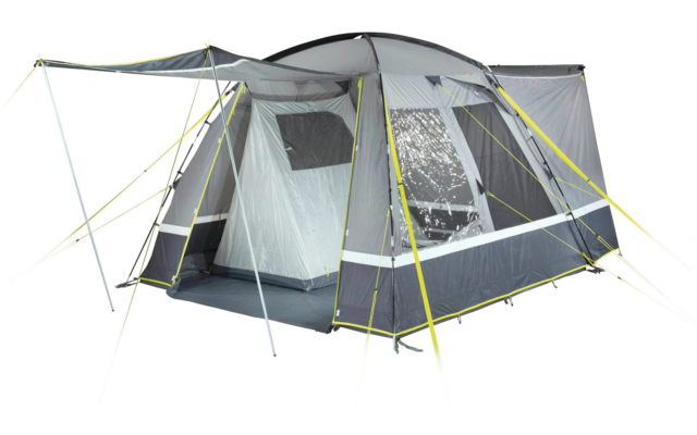 Großes graues und weißes Zelt mit mehreren Fenstern und abgespannter Plane