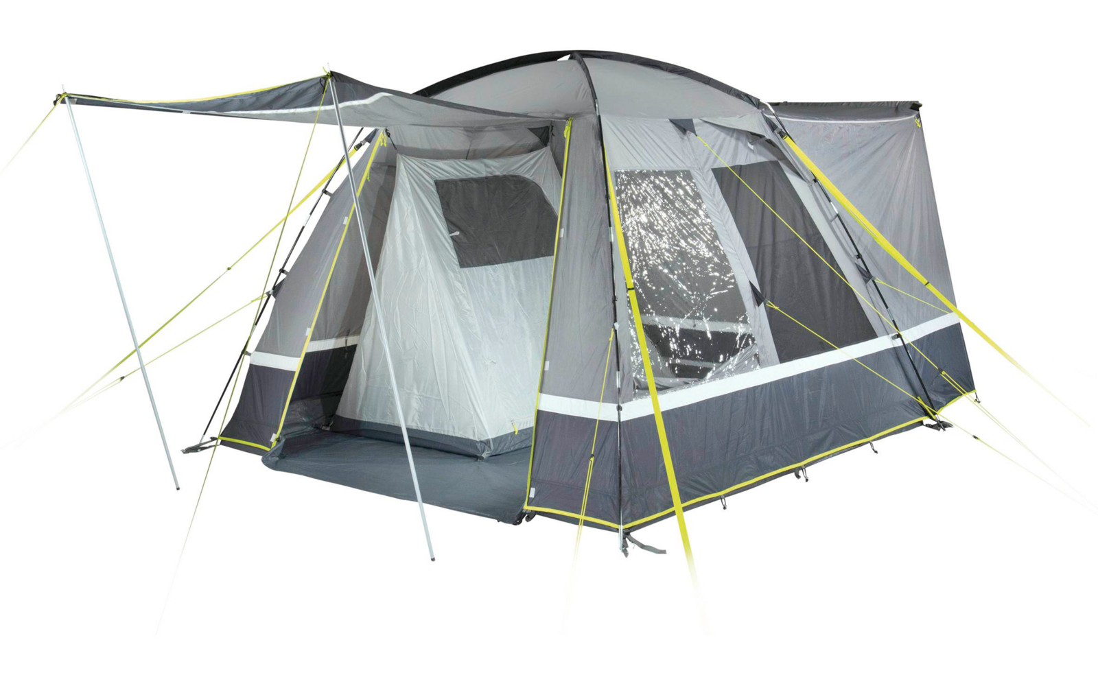 Großes graues und weißes Zelt mit mehreren Fenstern und abgespannter Plane