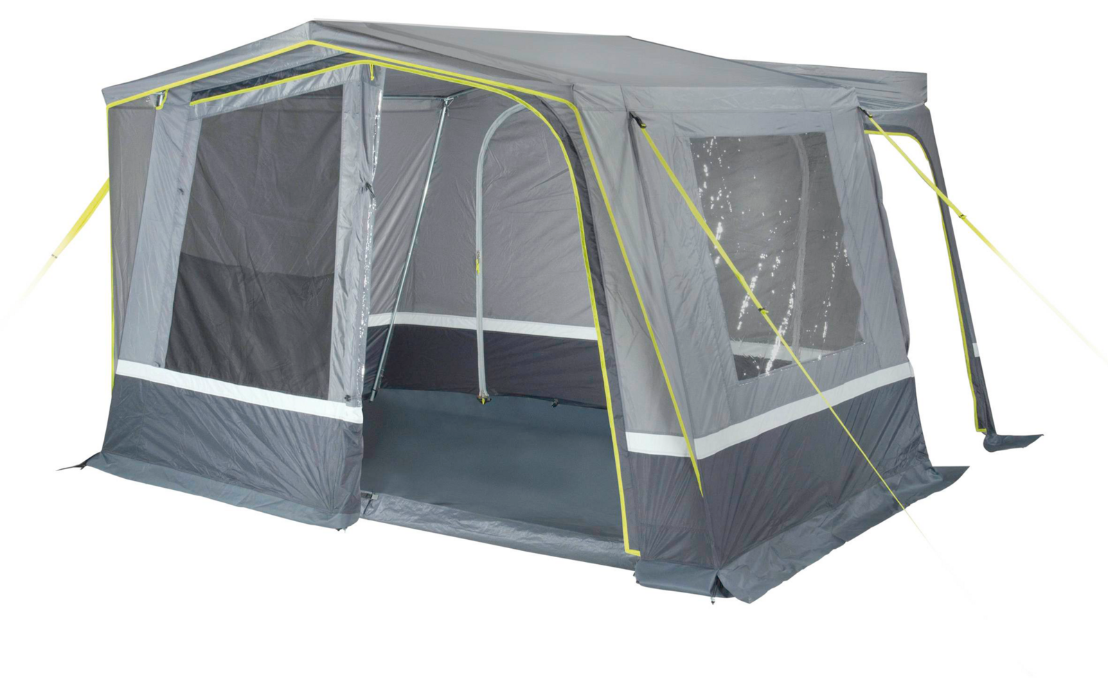 Ein graues und weißes Campingzelt mit großen Fensterflächen und gelben Abspannleinen