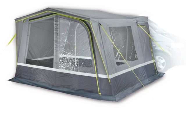 Rechteckiges graues Campingzelt mit Netzfenstern an einem weißen Fahrzeug befestigt