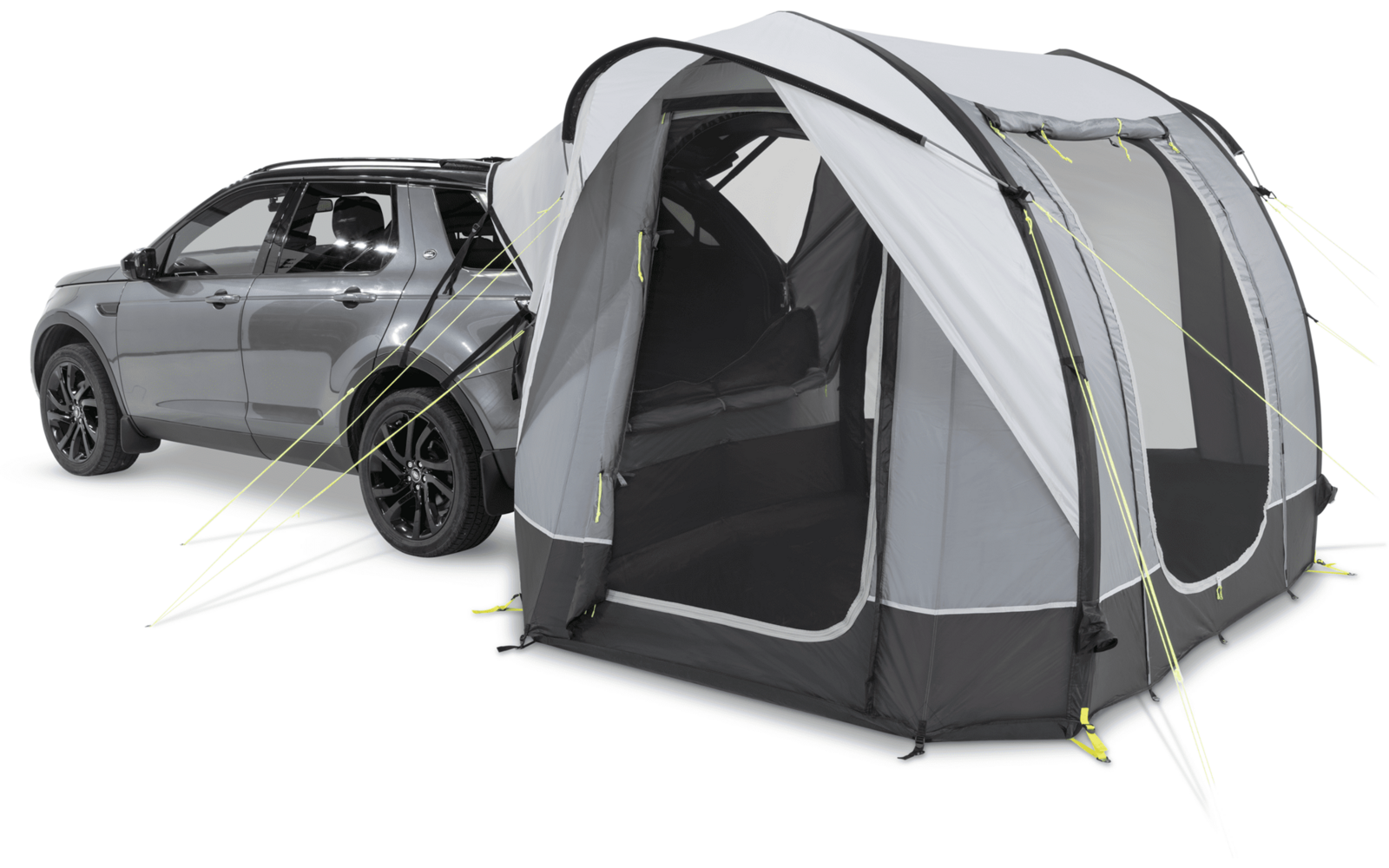 Graues Auto mit aufgespanntem, grauem und schwarzem Vorzelt