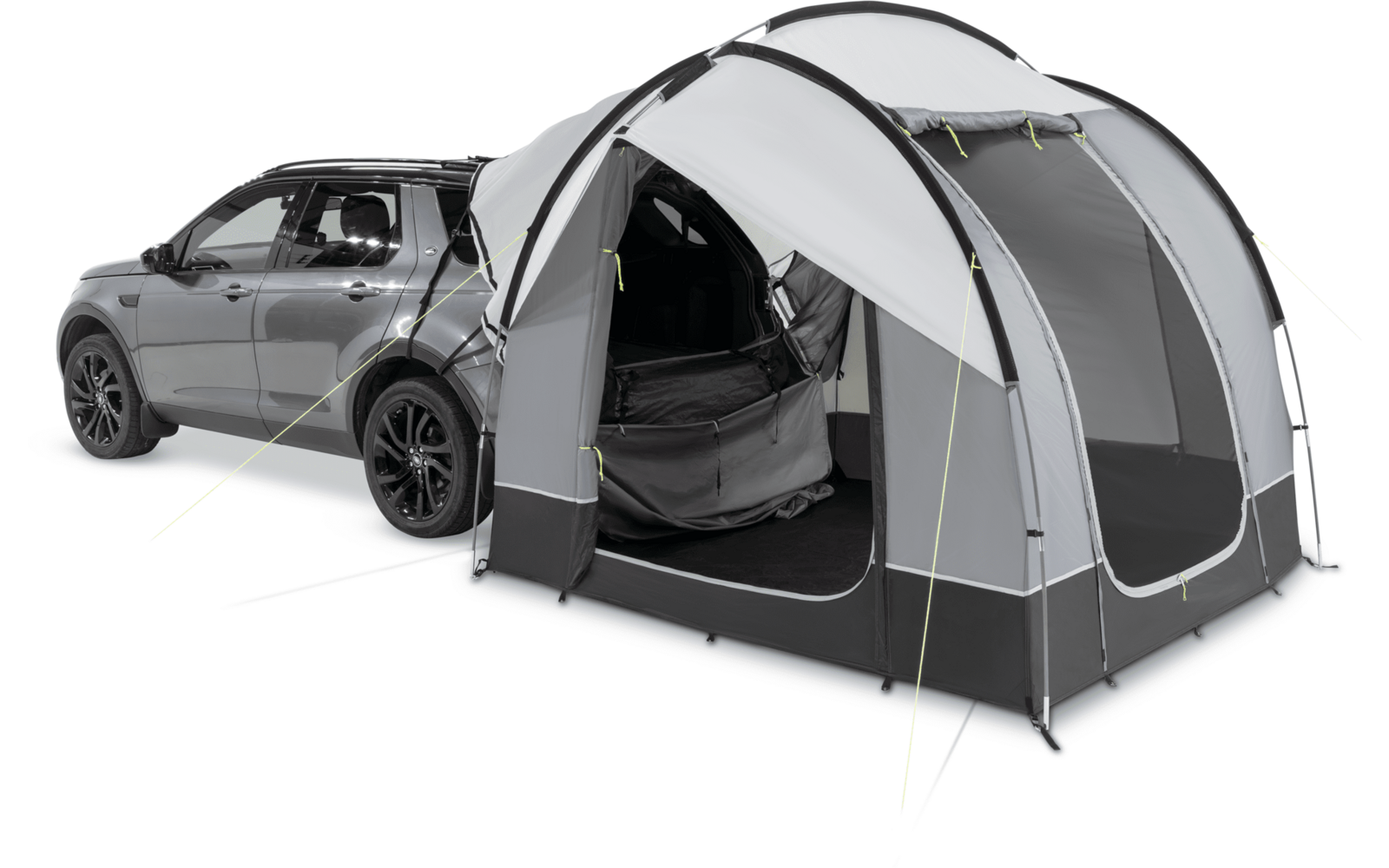 SUV-Fahrzeug mit an der Rückseite befestigtem, grauem Autozelt auf weißem Hintergrund