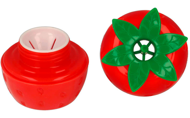 Roter Lippenstift in zwei Teilen, einer mit geöffnetem Deckel, sichtbarer weißer Lippenstift