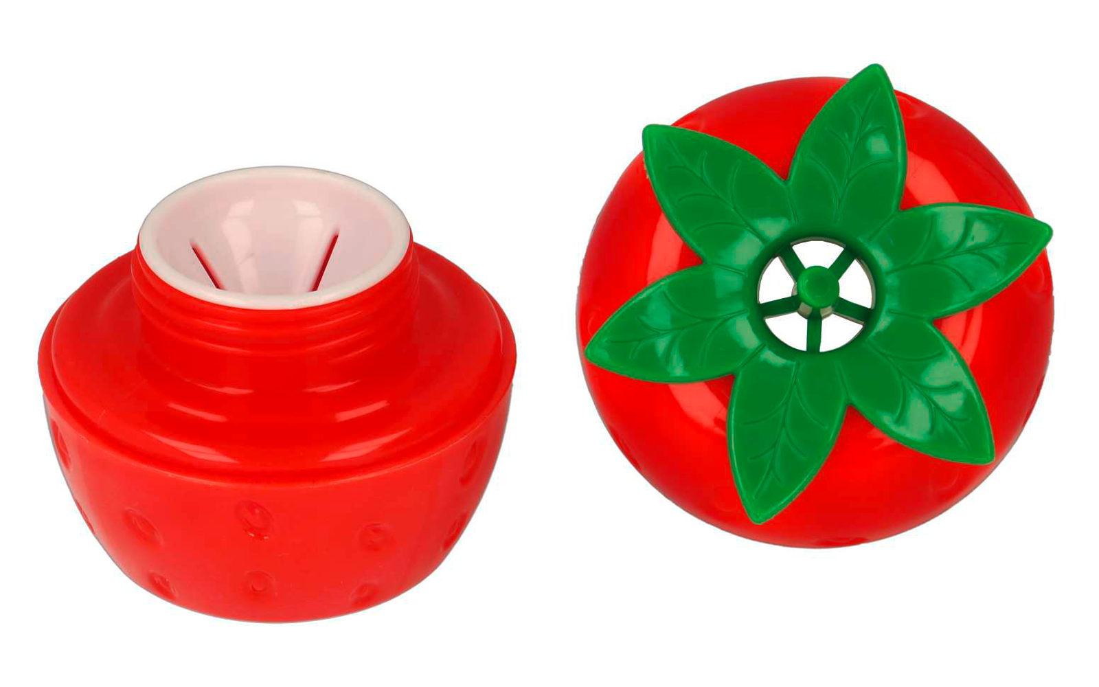 Roter Lippenstift in zwei Teilen, einer mit geöffnetem Deckel, sichtbarer weißer Lippenstift