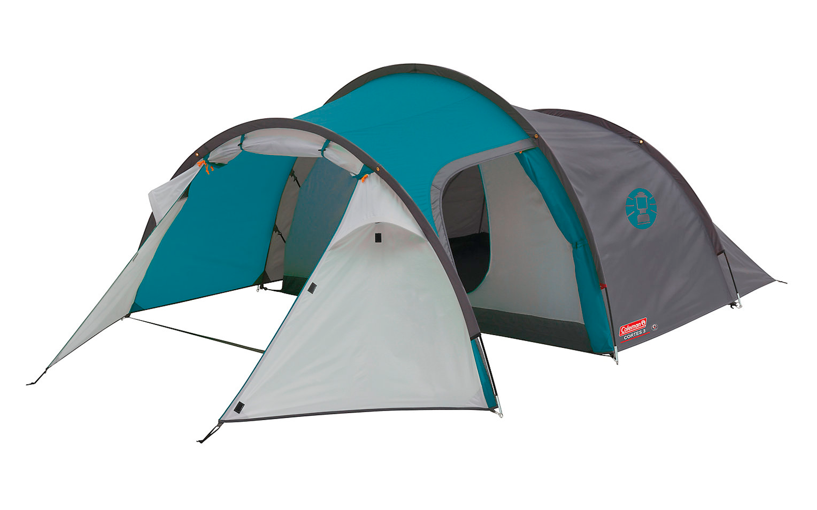 Zweifarbiges Campingzelt in grau und türkis mit offenem Eingangsbereich