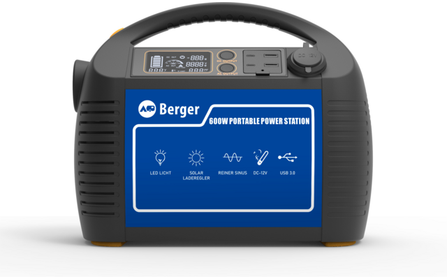 Tragbare Powerstation mit Tragegriff und mehreren Anschlüssen auf der Oberseite