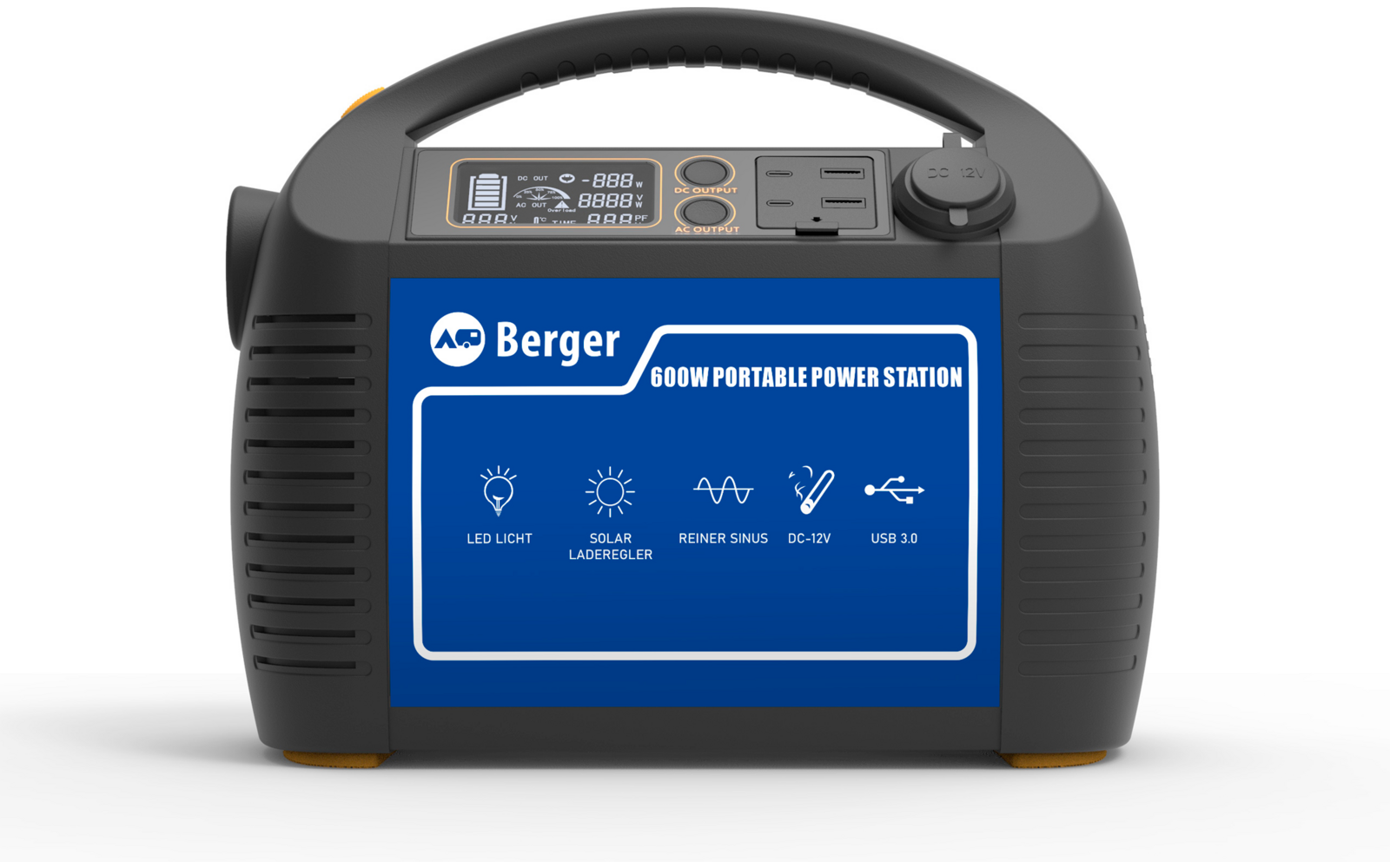 Tragbare Powerstation mit Tragegriff und mehreren Anschlüssen auf der Oberseite