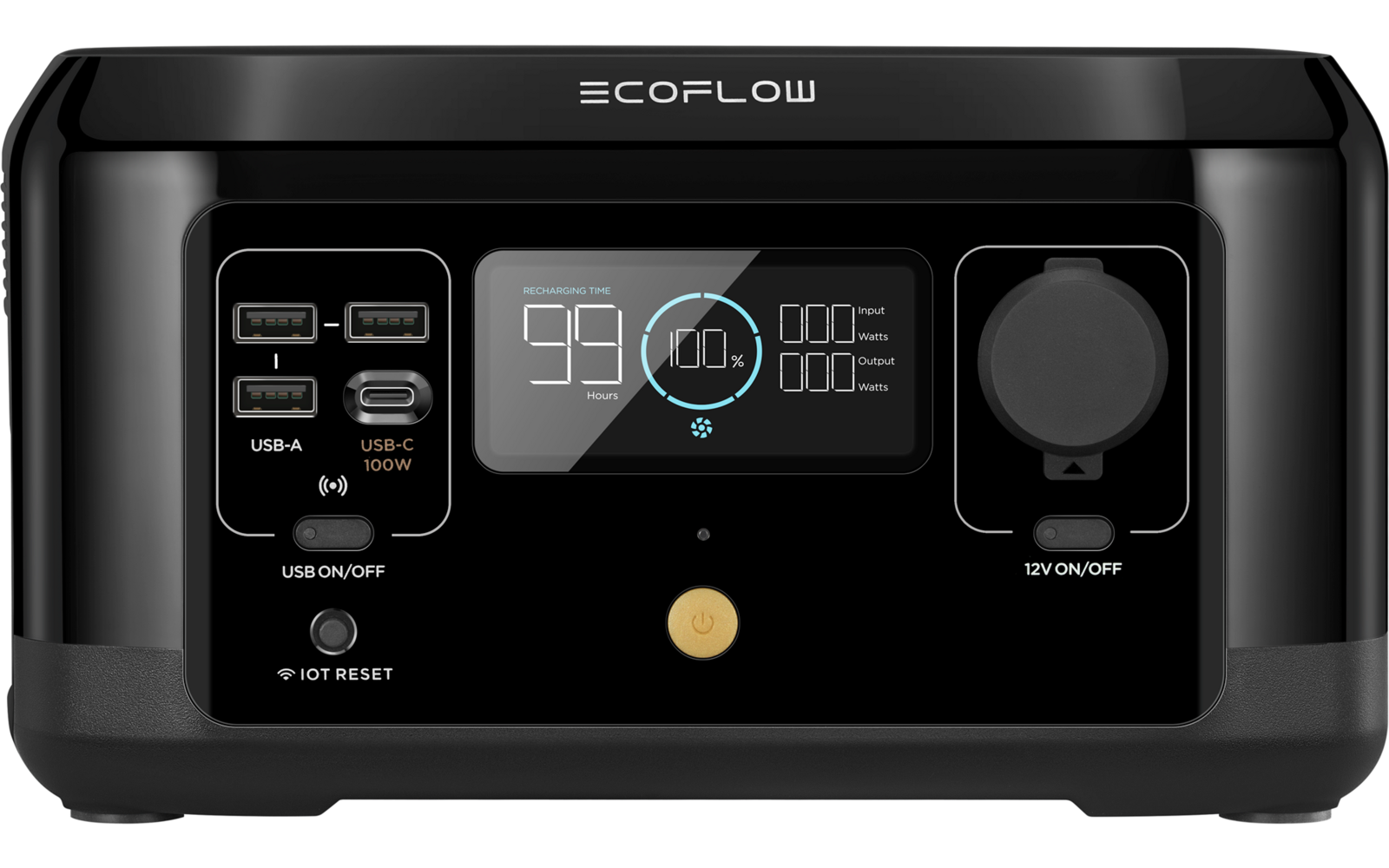 Schwarzes EcoFlow tragbares Kraftwerk mit digitalem Display und Steckdosen auf der Vorderseite