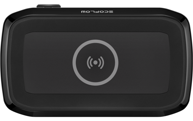 Schwarzes elektronisches Gerät mit zentralem Symbol auf weißem Hintergrund