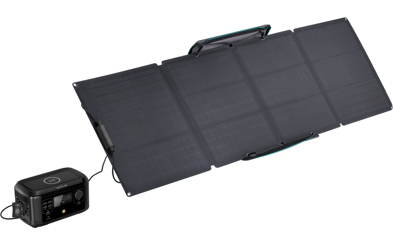 Zusammengefaltete schwarze Solarzelle mit USB-Anschluss und Adapter
