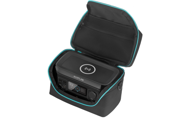 Offene schwarze tragbare Ladetasche mit eingebautem Ladegerät