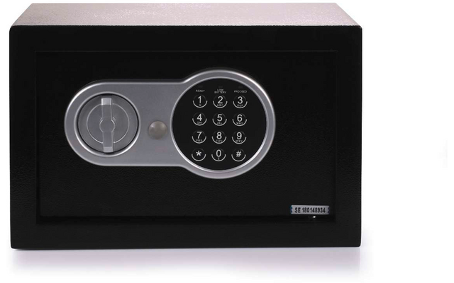 Cassaforte nera con serratura a combinazione rotonda e manopola girevole