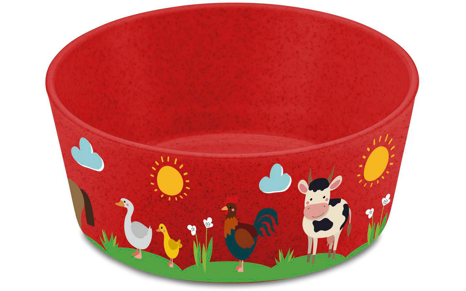 Rode voerbak met afbeeldingen van zon, duif, haan, koe en gras