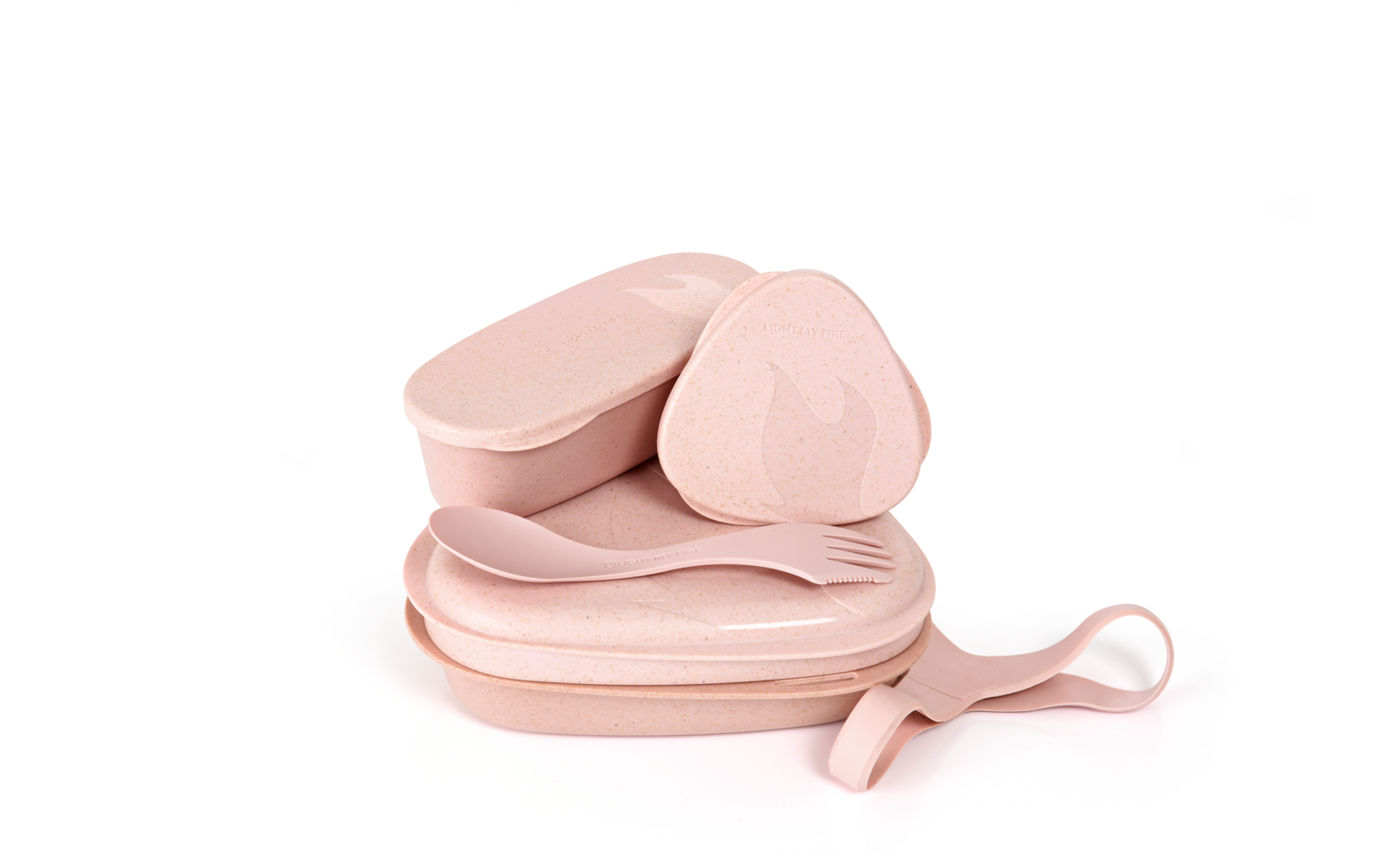 Set van vijf roze plastic bakken en een lepel