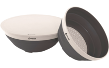 Twee keukenschalen, één met een witte binnenkant en één met een donkere buitenkant