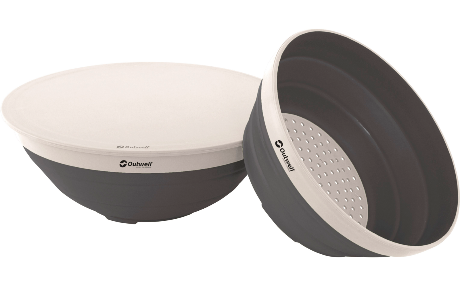 Zwei Küchenschüsseln, eine mit weißer Innenseite und eine mit dunkler Außenseite