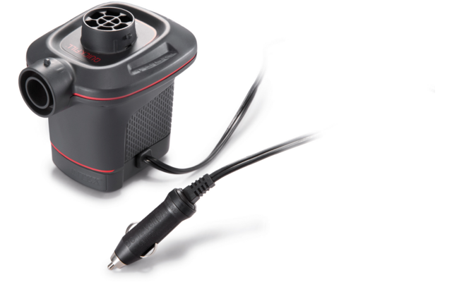 Kleines schwarzes elektronisches Gerät mit rotem Akzent und Kabel mit Zigarettenanzünder-Stecker