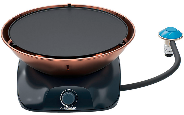 Elektrischer Tischgrill mit runder Grillfläche, schwarzer Basis und bedienbarem Drehregler, Anschlusskabel mit blauem Stecker