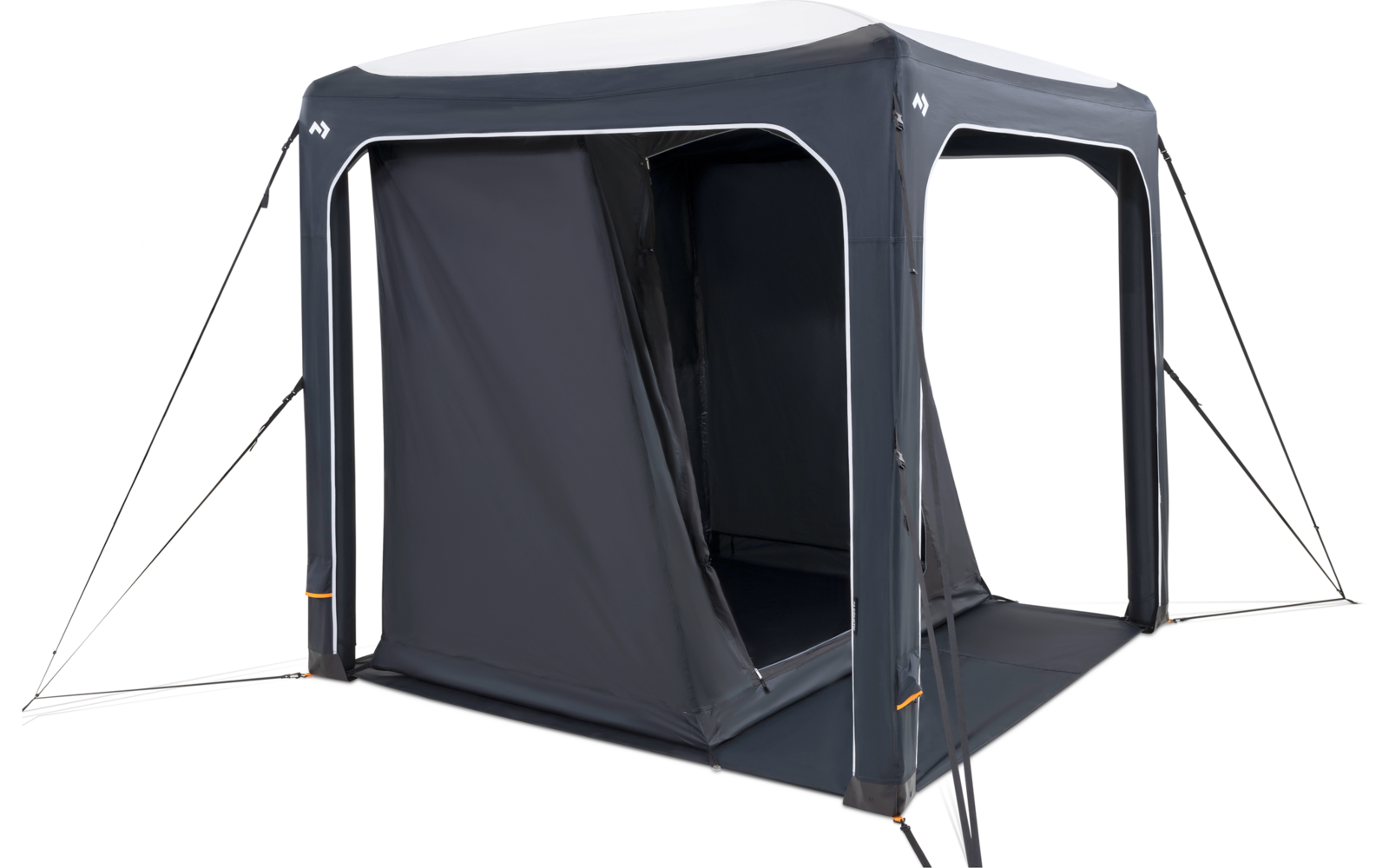 Tenda da campeggio rettangolare blu con ingresso aperto e finestra laterale trasparente, fissata con tiranti