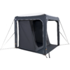 Tenda da campeggio rettangolare blu con ingresso aperto e finestra laterale trasparente, fissata con tiranti