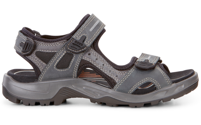 Grauer Herrensandale mit schwarzen und roten Details auf weißem Hintergrund