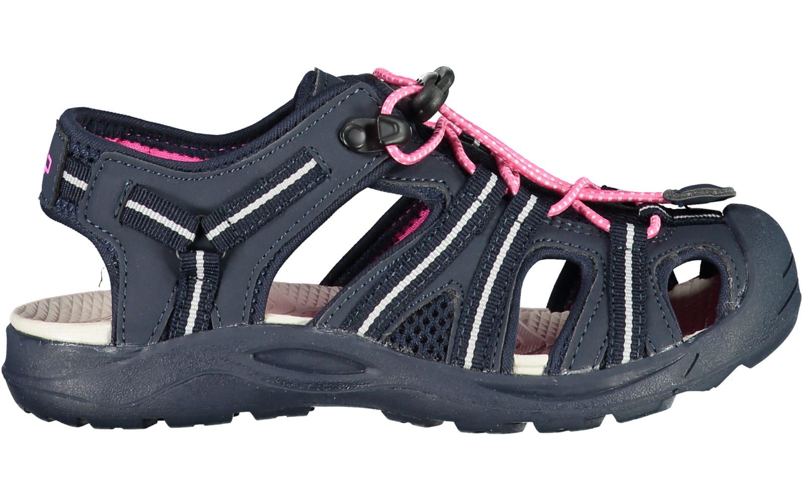 Blauer geschlossener Sandale mit pinken Schnürsenkeln