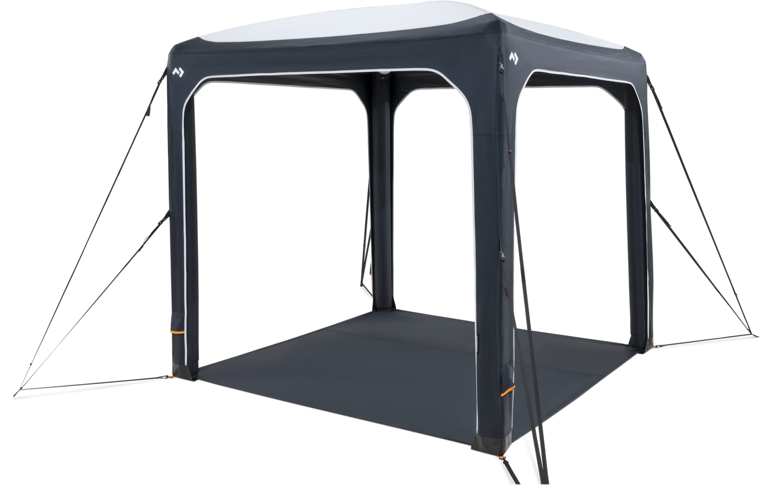 Quadratisches graues Partyzelt mit vier offenen Seiten und abspannenden Seilen