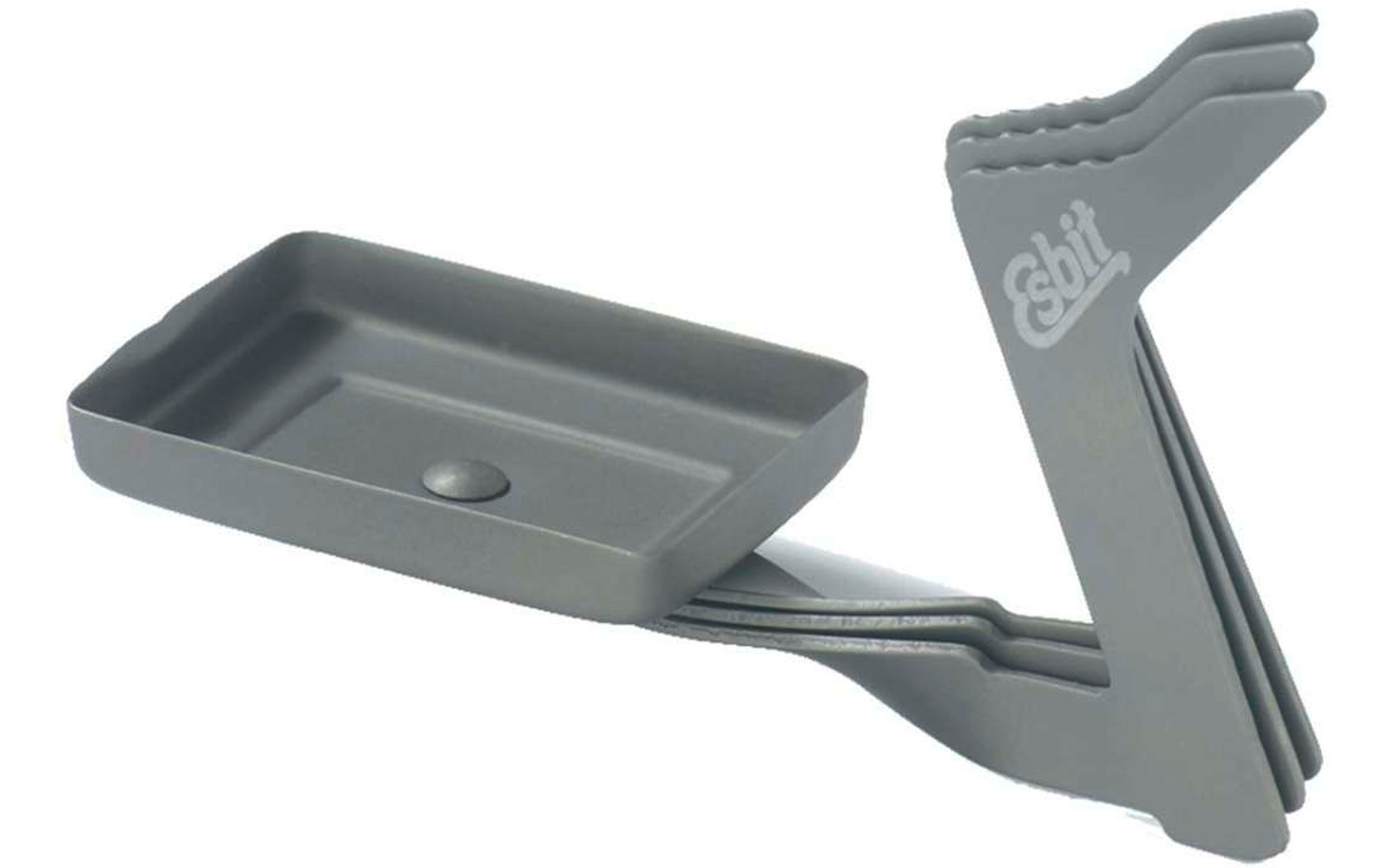 Gray metal grill pan with handle and logo