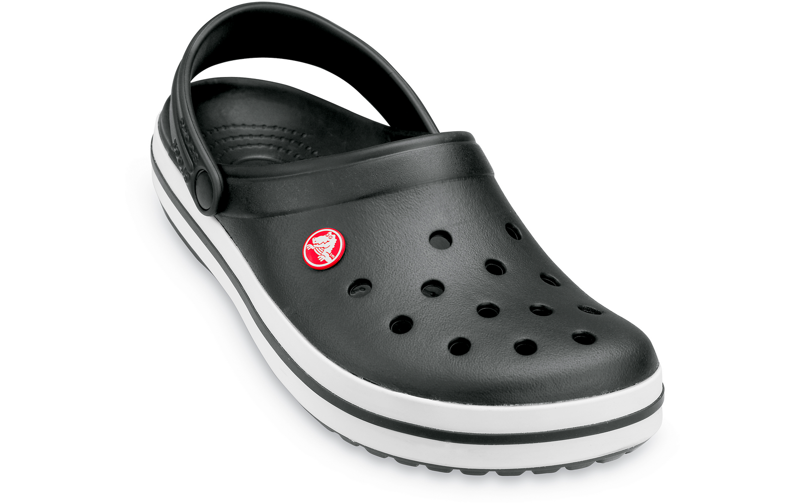 Schwarzer Clog mit Löchern und weißer Sohle