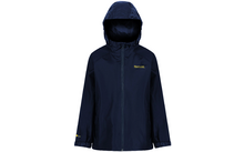 Dunkelblaue Regenjacke mit Kapuze und Reißverschluss vorne