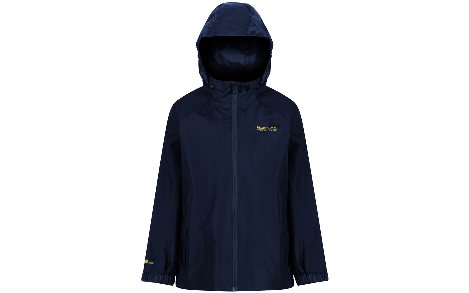 Dunkelblaue Regenjacke mit Kapuze und Reißverschluss vorne