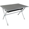 Petite table de camping grise avec un filet noir sous le plateau sur fond blanc