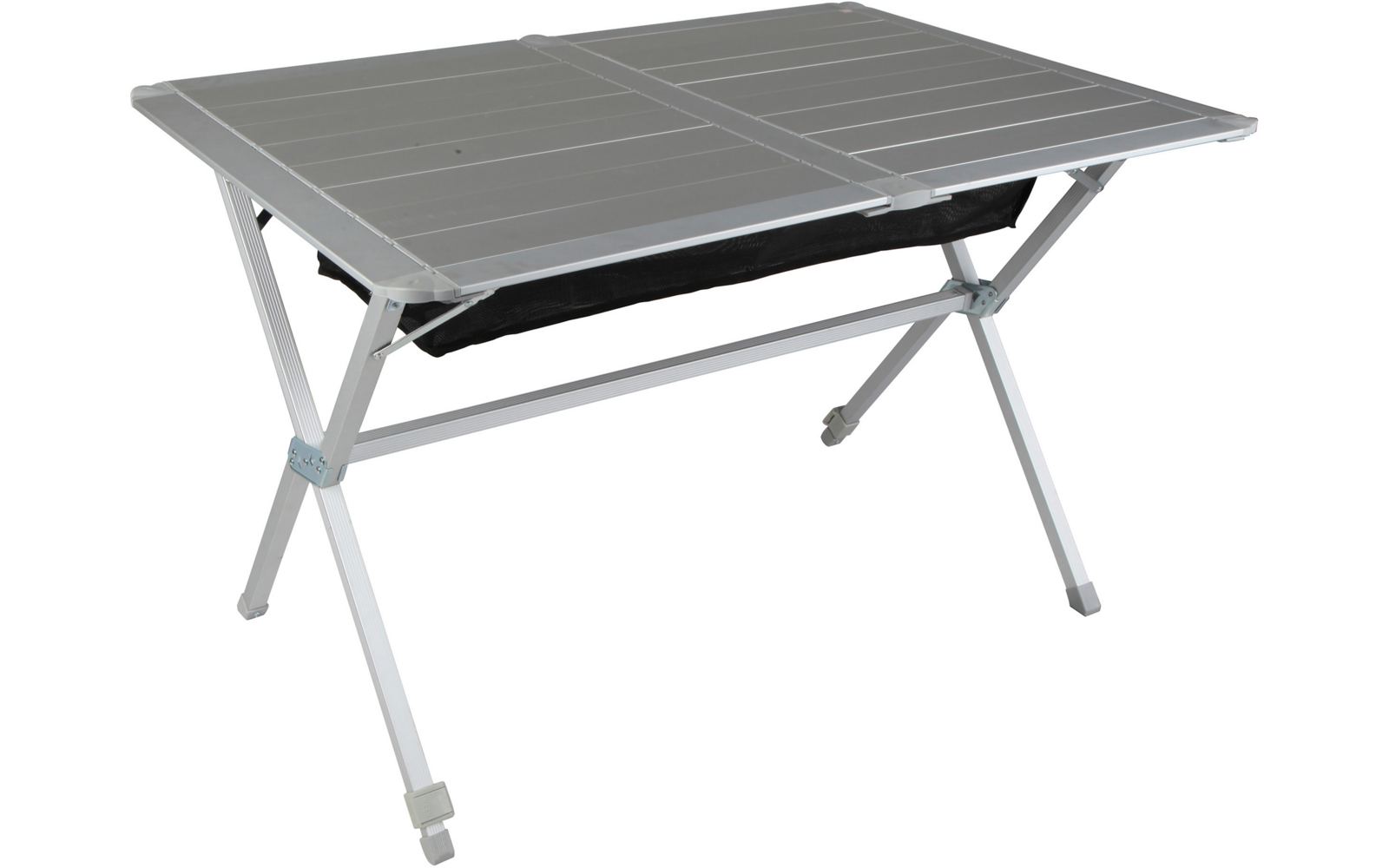 Petite table de camping grise avec un filet noir sous le plateau sur fond blanc