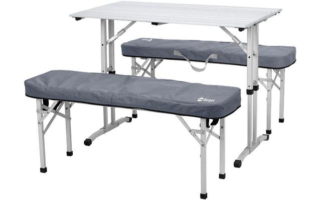 Table de camping pliable avec deux bancs gris