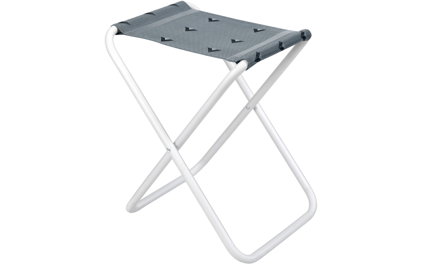 Faltbarer Klapphocker mit weißem Gestell und grauem Sitz