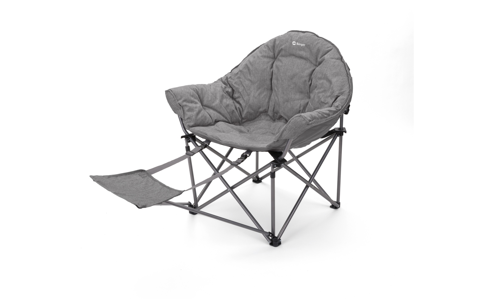 Klappbarer Stuhl mit gepolstertem Sitz und Fußstütze in grau