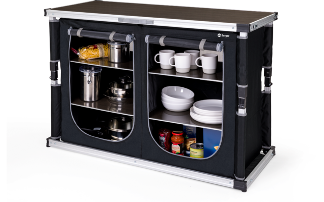 Opvouwbare keukenkast met twee vakken, gevuld met kopjes, borden en glazen