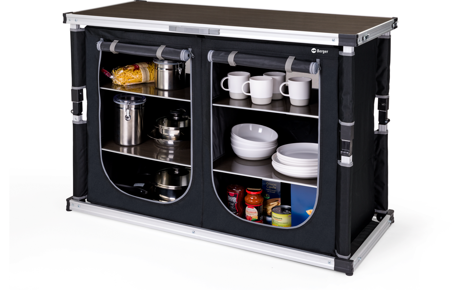 Opvouwbare keukenkast met twee vakken, gevuld met kopjes, borden en glazen