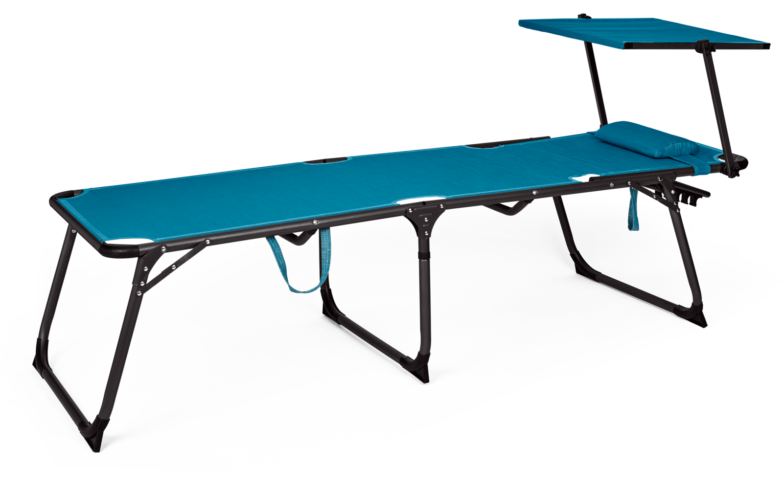 Blauer Liegestuhl mit klappbarem Sonnendach und schwarzem Rahmen