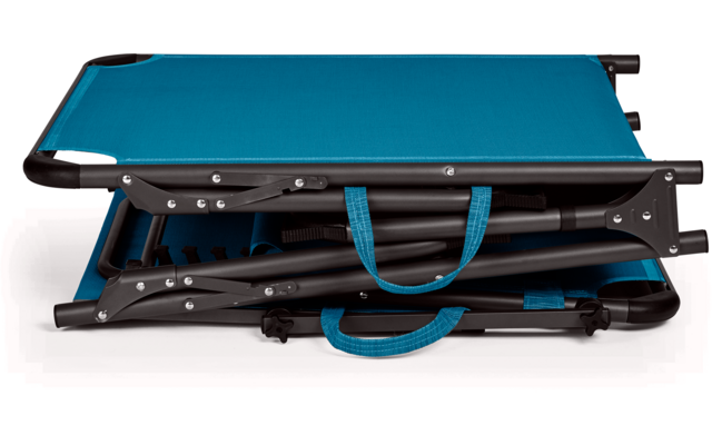 Zusammengeklapptes Laufband mit blauem Handgriff auf weißem Hintergrund