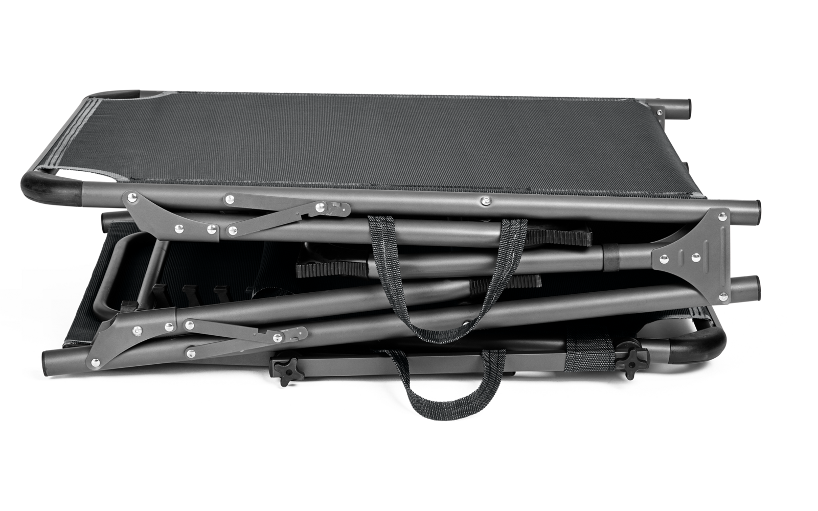 Zusammengeklappter klappbarer Tisch in Schwarz mit Metallgestell