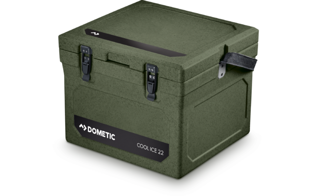 Grüne Kühlbox mit schwarzen Verschlüssen und Griffen