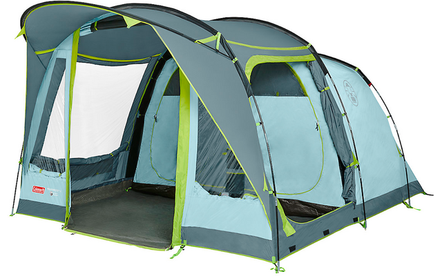 Großes graues Zelt mit gelben Akzenten, mehreren Fenstern und zwei Eingangstüren