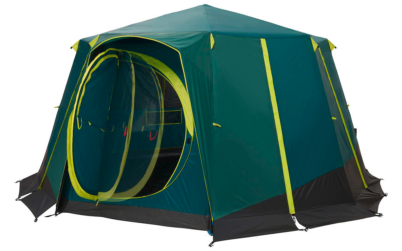 Grünes Zelt mit gelben Verstärkungen, geöffnetem Eingang und schwarzem Boden